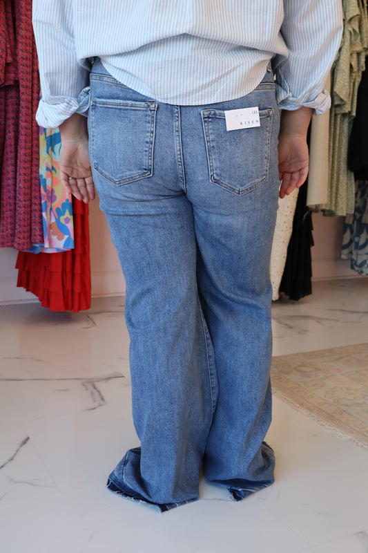 High Rise-Wide-Button Down-Seam Lined Detail Jeans