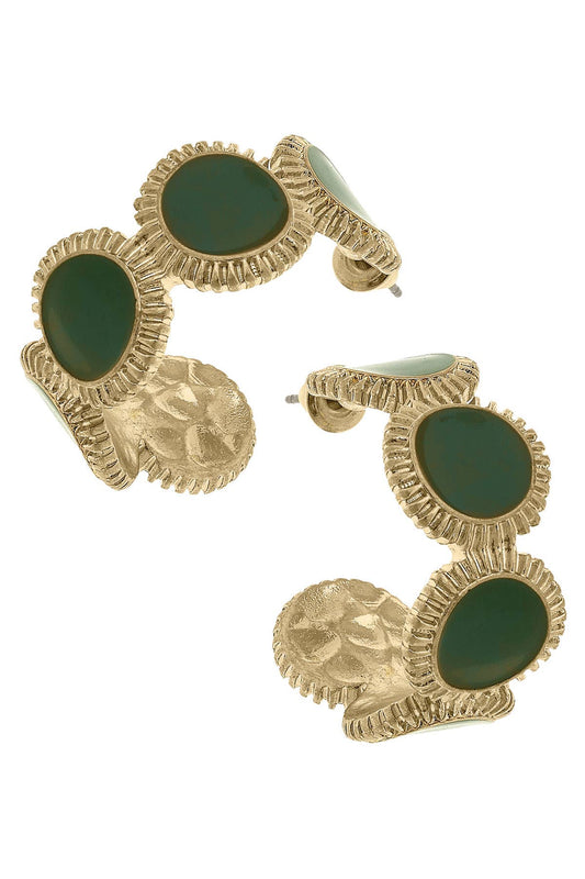 Bianca Fluted Enamel Disc Hoop Earrings: Green