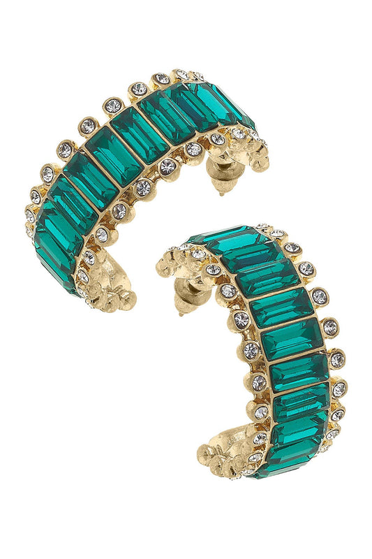 Katheryn Rhinestone Baguette Hoop Earrings: Emerald