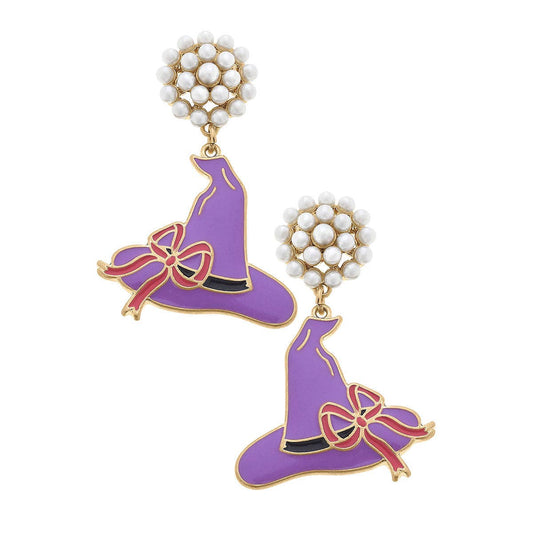 Halloween Enamel Witch Hat Earrings in Purple