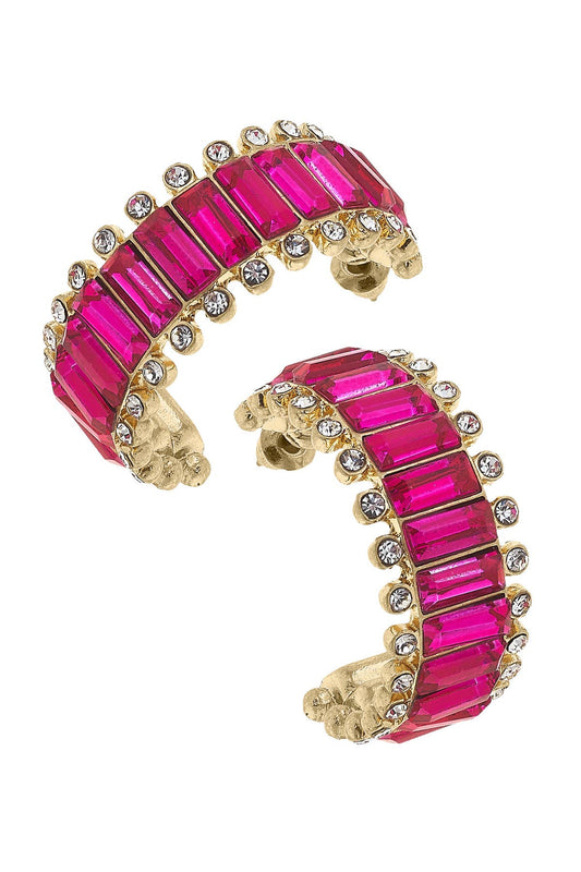 Katheryn Rhinestone Baguette Hoop Earrings: Fuchsia