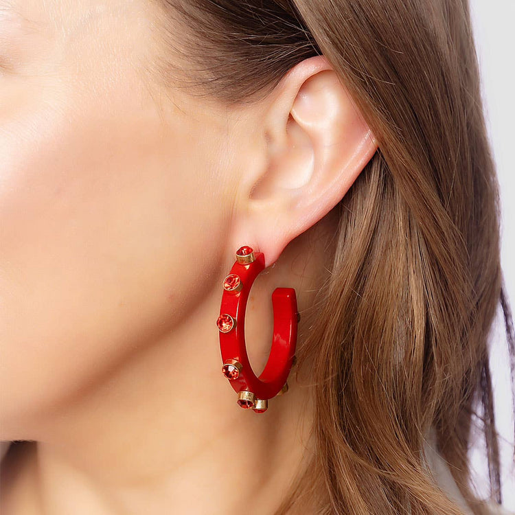 Renee Resin and Rhinestone Hoop Earrings: Black