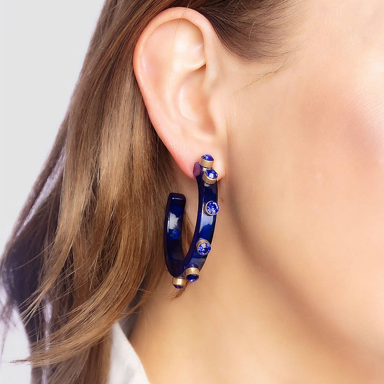 Renee Resin and Rhinestone Hoop Earrings: Navy