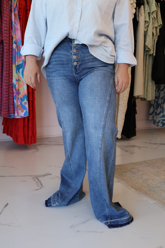 High Rise-Wide-Button Down-Seam Lined Detail Jeans