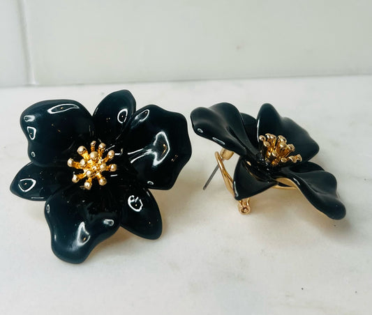 Black Flower Statement Earrings: Black