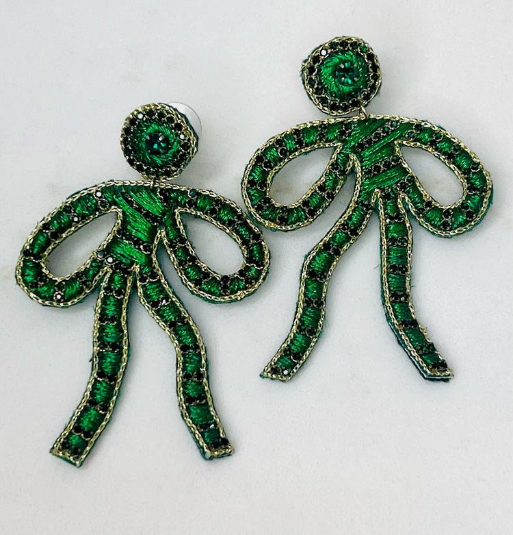 Embroidered Bow Earrings - Holiday Green