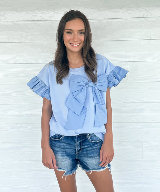 Sophisticated Poplin Bow Ruffle Sleeve - Baby Blue