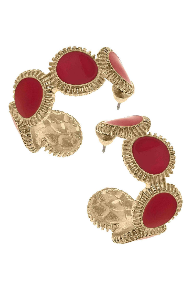 Bianca Fluted Enamel Disc Hoop Earrings: Red