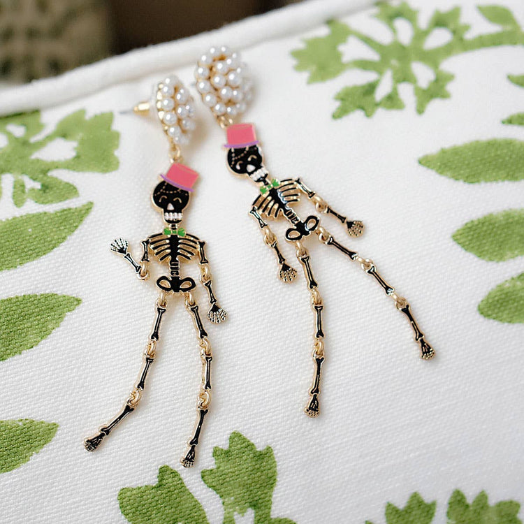 Halloween Enamel Skeleton Earrings in Black & Pink