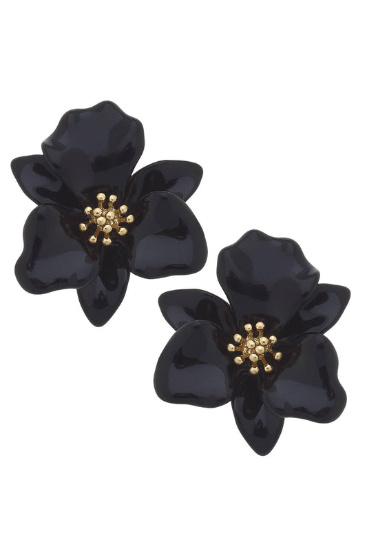 Valentina Enamel Flower Statement Earrings: Black