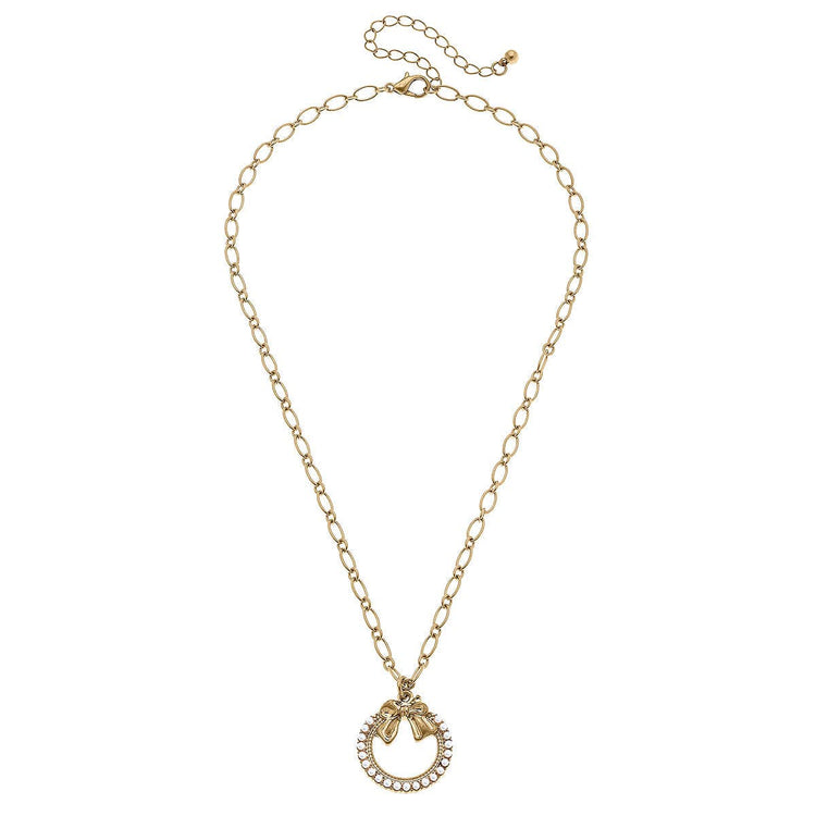 Rowen Pearl Bow Wreath Pendant Necklace in Worn Gold